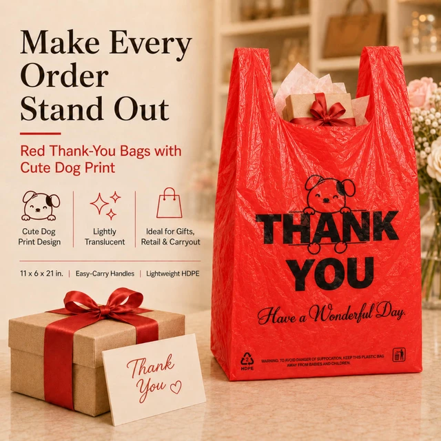 Alt view image 2 of 7 - Red Thank you T shirt bag, Grocery shopping bag Reusable and Disposable Supermarket Bag 11''x6''x21'' 100PCS