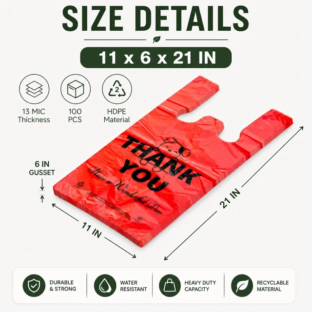 Alt view image 4 of 7 - Red Thank you T shirt bag, Grocery shopping bag Reusable and Disposable Supermarket Bag 11''x6''x21'' 100PCS