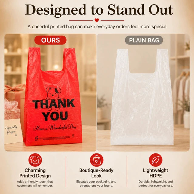 Alt view image 5 of 7 - Red Thank you T shirt bag, Grocery shopping bag Reusable and Disposable Supermarket Bag 11''x6''x21'' 100PCS