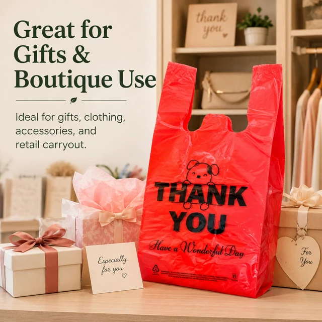 Alt view image 7 of 7 - Red Thank you T shirt bag, Grocery shopping bag Reusable and Disposable Supermarket Bag 11''x6''x21'' 100PCS