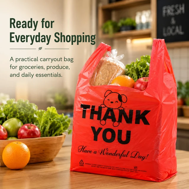 Alt view image 6 of 7 - Red Thank you T shirt bag, Grocery shopping bag Reusable and Disposable Supermarket Bag 11''x6''x21'' 100PCS