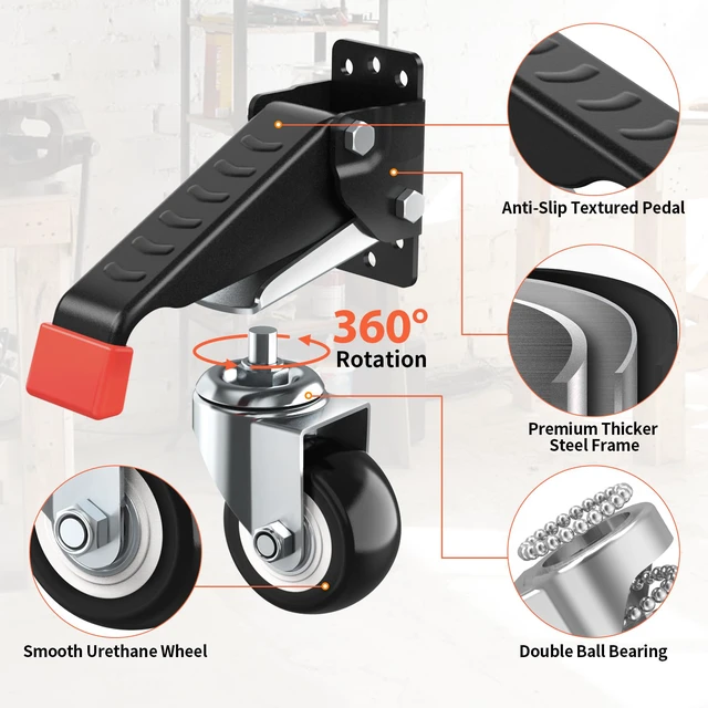 Alt view image 2 of 7 - Workbench Casters kit 660 Lbs- Retractable Casters, 4 Pack Heavy Duty Bench Caster Wheels Side Mounted Retractable Workbench Wheels Designed for Workbenches Machinery & Tables