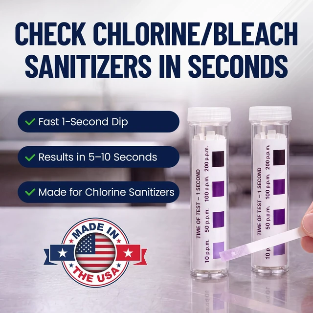 Main image of Chlorine Test Strips for Restaurants & Food Services, 4 x Vial of 100 Sanitizer Testing Kits, Precise Bleach Test Strips, 0-200 PPM Testing Kit for Sanitizing Solutions by FryOilSaver Co. FMP 142-1362