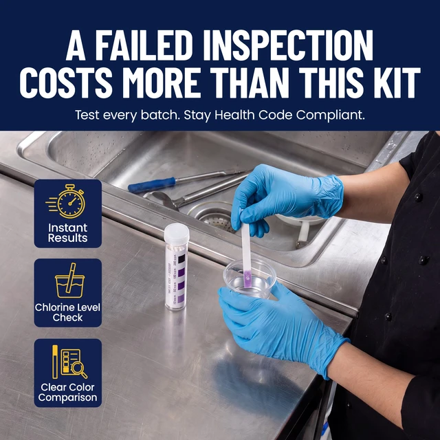 Alt view image 3 of 6 - Chlorine Test Strips for Restaurants & Food Services, 4 x Vial of 100 Sanitizer Testing Kits, Precise Bleach Test Strips, 0-200 PPM Testing Kit for Sanitizing Solutions by FryOilSaver Co. FMP 142-1362