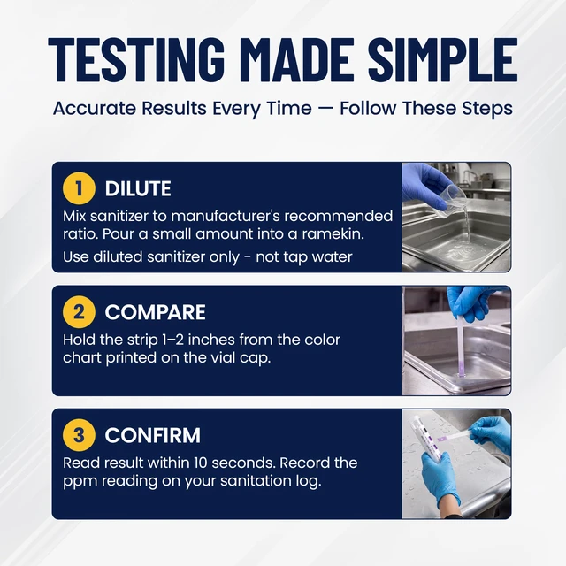 Alt view image 4 of 6 - Chlorine Test Strips for Restaurants & Food Services, 4 x Vial of 100 Sanitizer Testing Kits, Precise Bleach Test Strips, 0-200 PPM Testing Kit for Sanitizing Solutions by FryOilSaver Co. FMP 142-1362