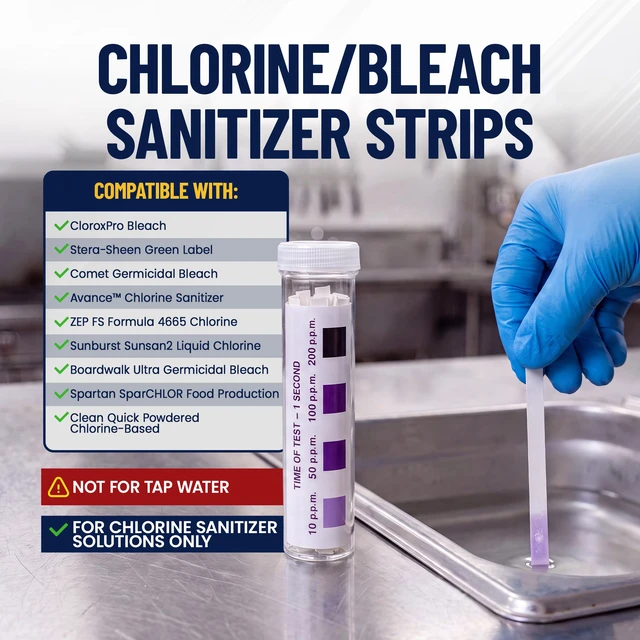 Alt view image 2 of 6 - Chlorine Test Strips for Restaurants & Food Services, 4 x Vial of 100 Sanitizer Testing Kits, Precise Bleach Test Strips, 0-200 PPM Testing Kit for Sanitizing Solutions by FryOilSaver Co. FMP 142-1362