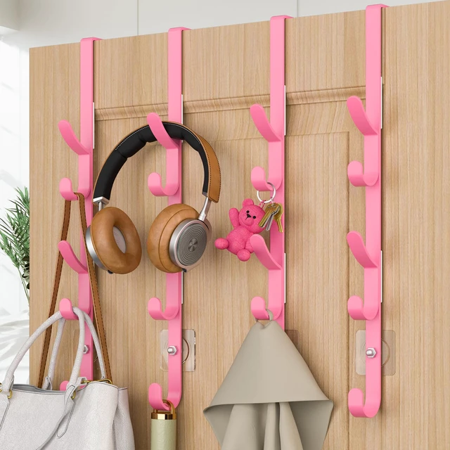 Main image of Over the Door Hooks, Metal Door Hooks for Hanging, Over the Door Purse Organizer for Coat Hanger, Back of Shower Door for Hanging Towel Rack Clothes, Hat, Bathroom, Closet (Pink-4Packs)