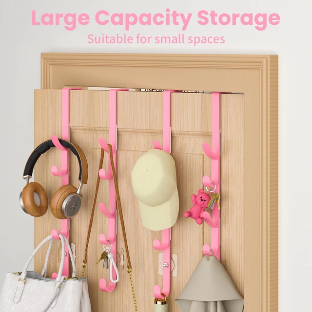 Alt view image 3 of 7 - Over the Door Hooks, Metal Door Hooks for Hanging, Over the Door Purse Organizer for Coat Hanger, Back of Shower Door for Hanging Towel Rack Clothes, Hat, Bathroom, Closet (Pink-4Packs)
