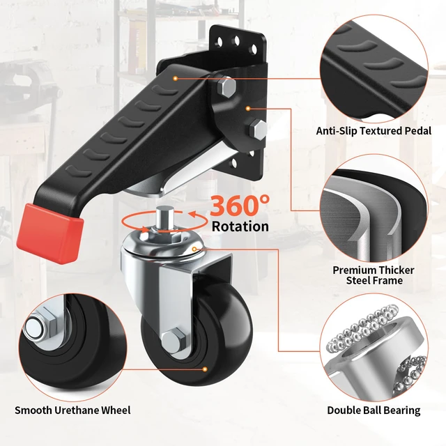 Alt view image 2 of 7 - Workbench Casters kit 720 Lbs- Retractable Casters, 4 Pack Heavy Duty Bench Caster Wheels Side Mounted Retractable Workbench Wheels Designed for Workbenches Machinery & Tables