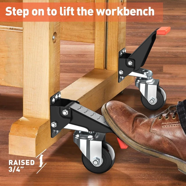 Alt view image 4 of 7 - Workbench Casters kit 720 Lbs- Retractable Casters, 4 Pack Heavy Duty Bench Caster Wheels Side Mounted Retractable Workbench Wheels Designed for Workbenches Machinery & Tables