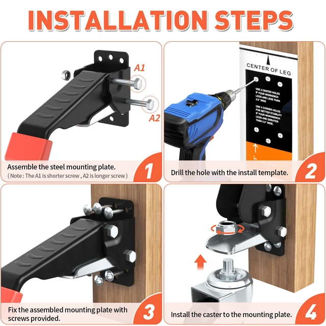 Alt view image 6 of 7 - Workbench Casters kit 720 Lbs- Retractable Casters, 4 Pack Heavy Duty Bench Caster Wheels Side Mounted Retractable Workbench Wheels Designed for Workbenches Machinery & Tables