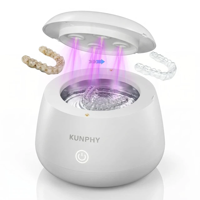 Main image of Ultrasonic Retainer Cleaner Machine, 48kHz Dental Cleaning Pod Home 4 LED Light 48KHz Ultrasound Portable Mouthguard Night Guard Cleaner, IPX7 Waterproof, Quiet 45dB, Overheat Protection, White