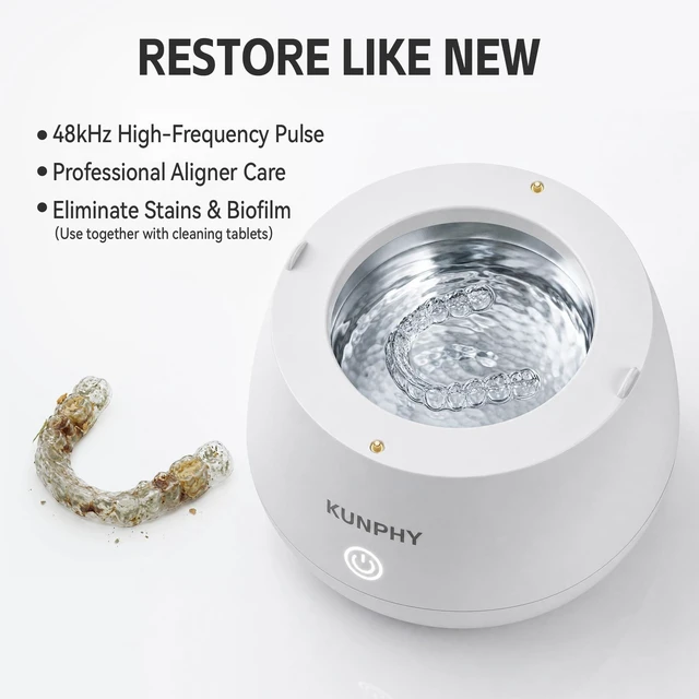 Alt view image 3 of 7 - Ultrasonic Retainer Cleaner Machine, 48kHz Dental Cleaning Pod Home 4 LED Light 48KHz Ultrasound Portable Mouthguard Night Guard Cleaner, IPX7 Waterproof, Quiet 45dB, Overheat Protection, White