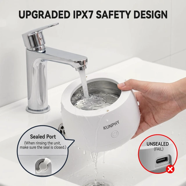 Alt view image 5 of 7 - Ultrasonic Retainer Cleaner Machine, 48kHz Dental Cleaning Pod Home 4 LED Light 48KHz Ultrasound Portable Mouthguard Night Guard Cleaner, IPX7 Waterproof, Quiet 45dB, Overheat Protection, White