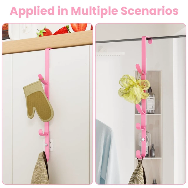 Alt view image 6 of 7 - Over the Door Hooks, Metal Door Hooks for Hanging, Over the Door Purse Organizer for Coat Hanger, Back of Shower Door for Hanging Towel Rack Clothes, Hat, Bathroom, Closet (Pink-4Packs)