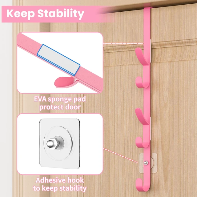 Alt view image 5 of 7 - Over the Door Hooks, Metal Door Hooks for Hanging, Over the Door Purse Organizer for Coat Hanger, Back of Shower Door for Hanging Towel Rack Clothes, Hat, Bathroom, Closet (Pink-4Packs)
