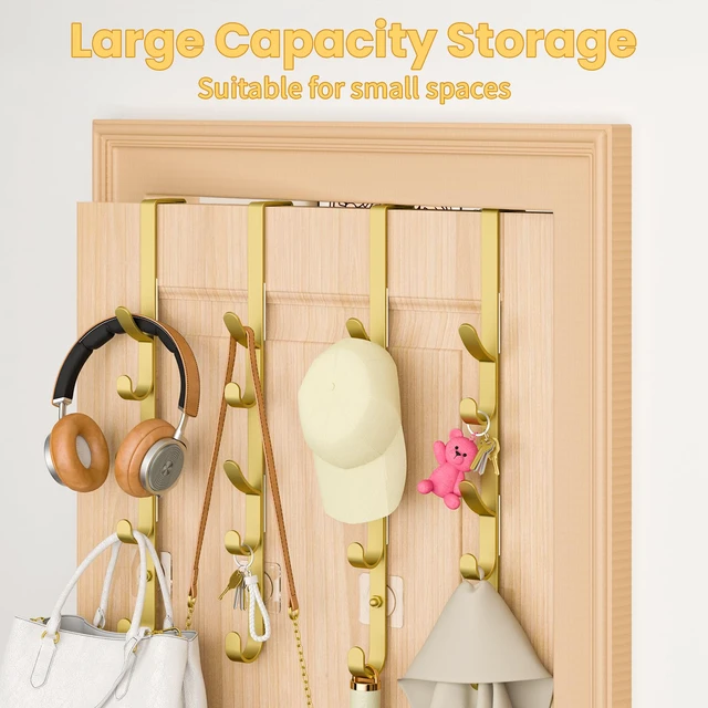 Alt view image 3 of 7 - Over the Door Hooks, Metal Door Hooks for Hanging, Over the Door Purse Organizer for Door Coat Hanger, Back of Shower for Hanging Towel Rack Clothes, Hat, Bathroom, Closet (Gold-4Packs)