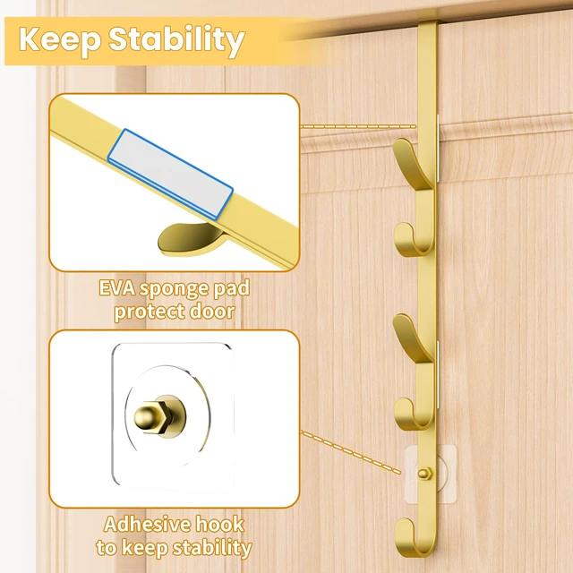 Alt view image 5 of 7 - Over the Door Hooks, Metal Door Hooks for Hanging, Over the Door Purse Organizer for Door Coat Hanger, Back of Shower for Hanging Towel Rack Clothes, Hat, Bathroom, Closet (Gold-4Packs)