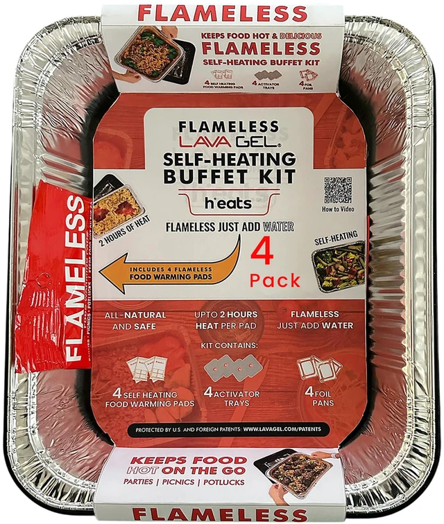 Main image of Self-Heating Buffet Kit Flameless Food Warmer Set for Parties Includes 4 Trays, 4 Half-Size Heat Pads & Foil Pans Keeps Hot Food Hot for up to 3 Hours Gel Fuel Can Alternative