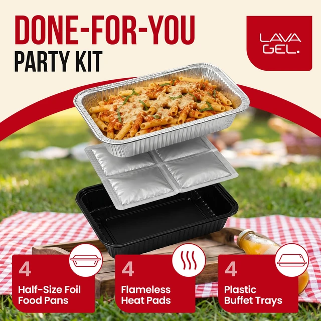 Alt view image 6 of 7 - Self-Heating Buffet Kit Flameless Food Warmer Set for Parties Includes 4 Trays, 4 Half-Size Heat Pads & Foil Pans Keeps Hot Food Hot for up to 3 Hours Gel Fuel Can Alternative