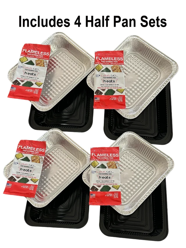 Alt view image 7 of 7 - Self-Heating Buffet Kit Flameless Food Warmer Set for Parties Includes 4 Trays, 4 Half-Size Heat Pads & Foil Pans Keeps Hot Food Hot for up to 3 Hours Gel Fuel Can Alternative