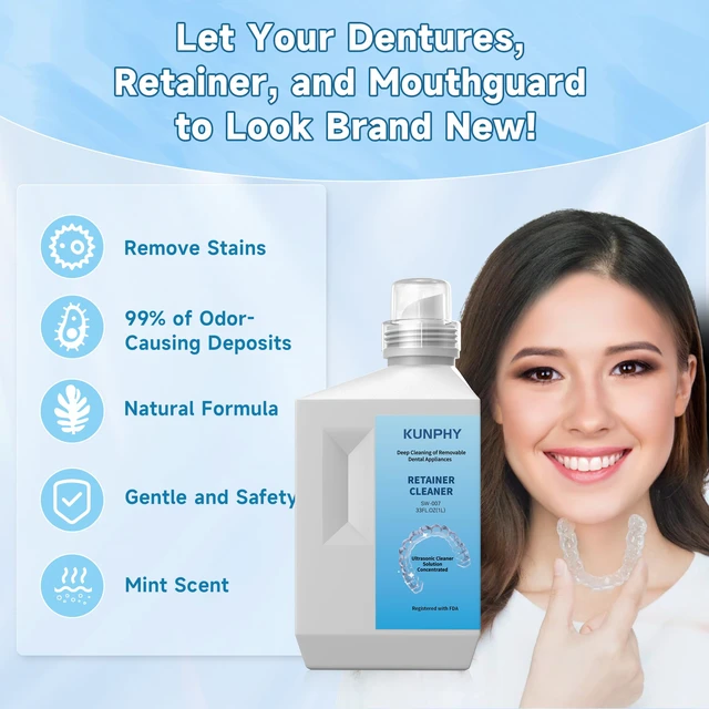Alt view image 2 of 7 - Ultrasonic Retainer Cleaner Solution for Ultrasonic Denture Cleaner-Professional Cleaning of Retainers, Invisible Aligners, Mouth Guards, Night Guards, Remove Odors, Discoloration & Stains 32oz