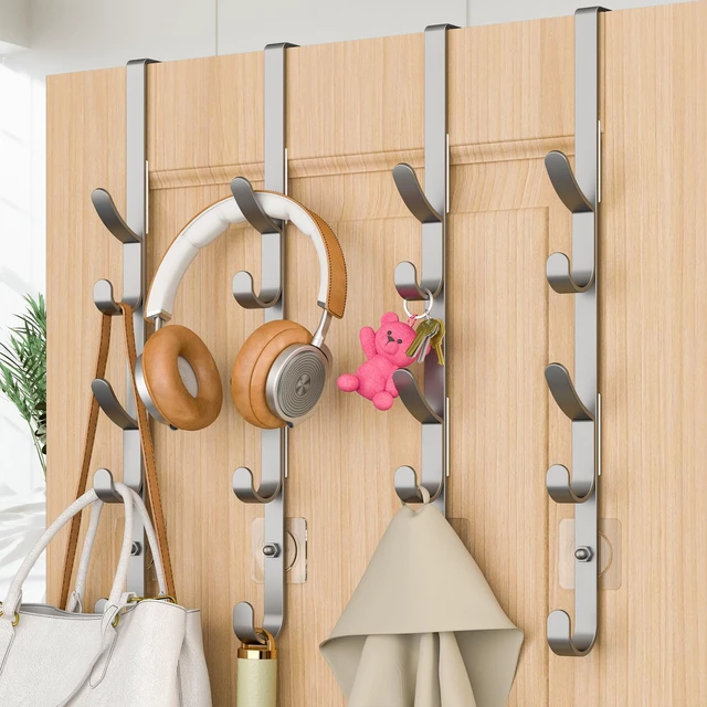 Main image of Over The Door Hooks, Metal Door Hooks for Hanging, Over The Door Purse Organizer for Door Coat Hanger, Back of Shower for Hanging Towel Rack Clothes, Hat, Bathroom, Closet (Silver-4Packs)