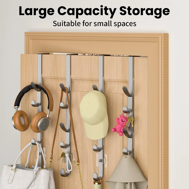 Alt view image 3 of 7 - Over The Door Hooks, Metal Door Hooks for Hanging, Over The Door Purse Organizer for Door Coat Hanger, Back of Shower for Hanging Towel Rack Clothes, Hat, Bathroom, Closet (Silver-4Packs)