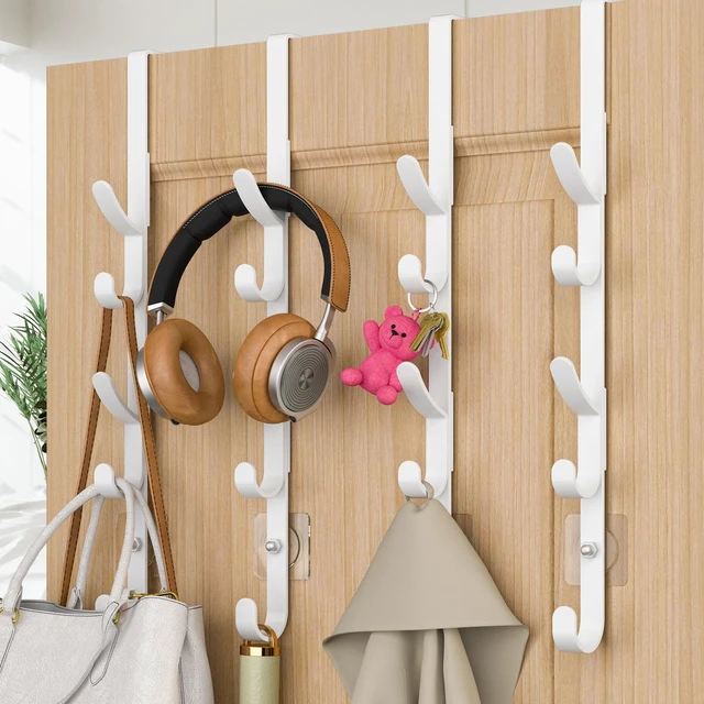 Main image of Over the Door Hooks, Metal Door Hooks for Hanging, Over the Door Purse Organizer for Coat Hanger, Back of Shower Door for Hanging Towel Rack Clothes, Hat, Bathroom, Closet (White-4Packs)