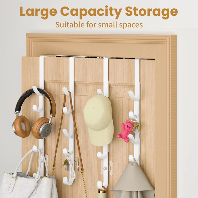 Alt view image 3 of 7 - Over the Door Hooks, Metal Door Hooks for Hanging, Over the Door Purse Organizer for Coat Hanger, Back of Shower Door for Hanging Towel Rack Clothes, Hat, Bathroom, Closet (White-4Packs)