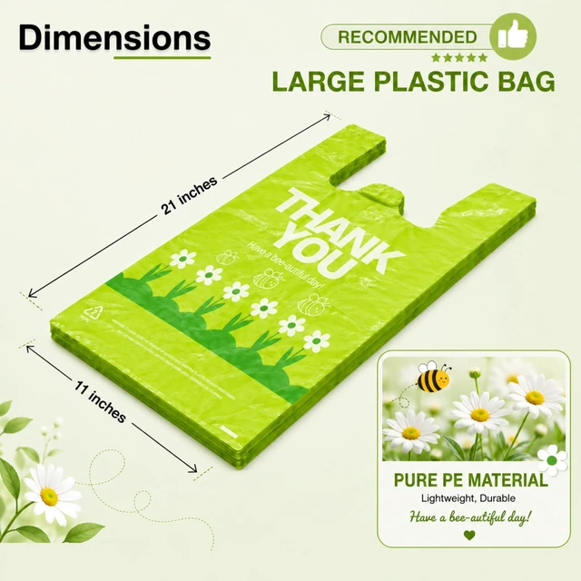 Alt view image 2 of 7 - Green Thank you bags, 300PCS T shirt bags, To Go Bags,Grocery bags, Reusable and Disposable,Perfect for Small Business,Take Out,Retail,Large