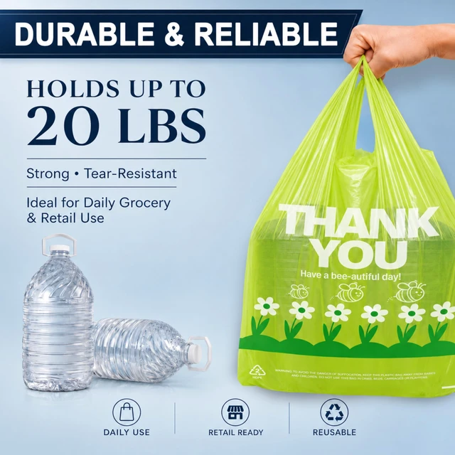 Alt view image 3 of 7 - Green Thank you bags, 300PCS T shirt bags, To Go Bags,Grocery bags, Reusable and Disposable,Perfect for Small Business,Take Out,Retail,Large