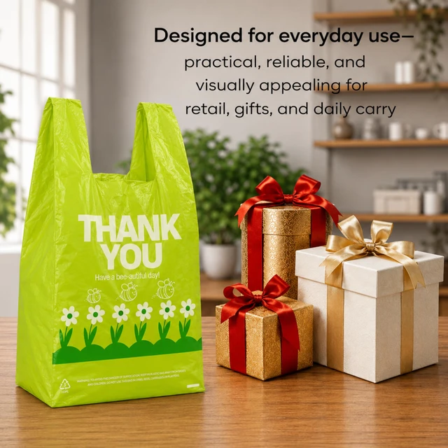 Alt view image 4 of 7 - Green Thank you bags, 300PCS T shirt bags, To Go Bags,Grocery bags, Reusable and Disposable,Perfect for Small Business,Take Out,Retail,Large