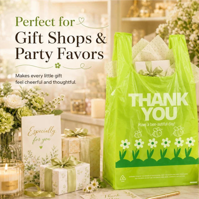 Alt view image 5 of 7 - Green Thank you bags, 300PCS T shirt bags, To Go Bags,Grocery bags, Reusable and Disposable,Perfect for Small Business,Take Out,Retail,Large