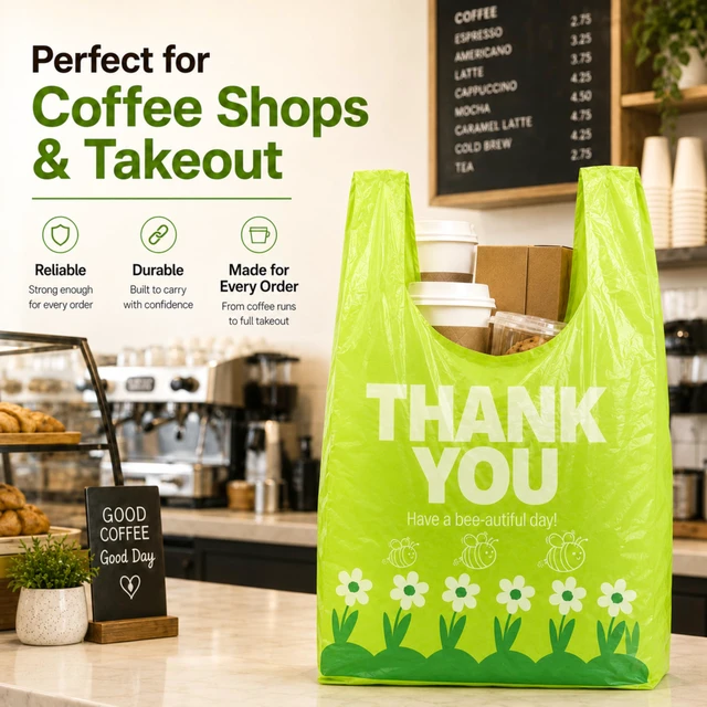 Alt view image 6 of 7 - Green Thank you bags, 300PCS T shirt bags, To Go Bags,Grocery bags, Reusable and Disposable,Perfect for Small Business,Take Out,Retail,Large