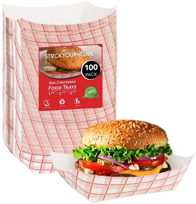 Main image of 100-Pack 3 lb Paper Food Trays Red & White Checkered Disposable Paper Food Boats, Eco-Friendly Serving Trays for Concessions, Nachos, Snacks & Condiments 5.75" x 3"