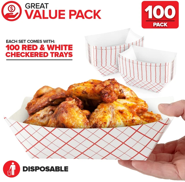 Alt view image 2 of 7 - 100-Pack 3 lb Paper Food Trays Red & White Checkered Disposable Paper Food Boats, Eco-Friendly Serving Trays for Concessions, Nachos, Snacks & Condiments 5.75" x 3"