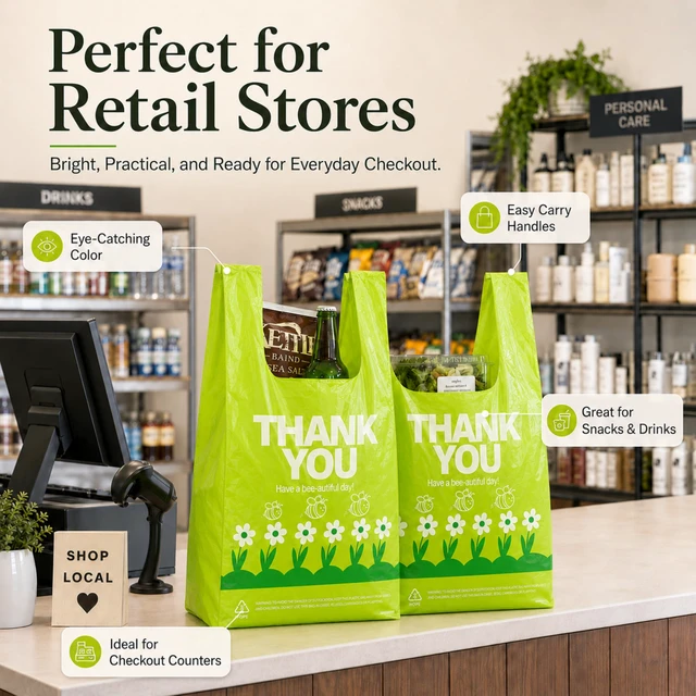 Alt view image 7 of 7 - Green Thank you bags, 300PCS T shirt bags, To Go Bags,Grocery bags, Reusable and Disposable,Perfect for Small Business,Take Out,Retail,Large