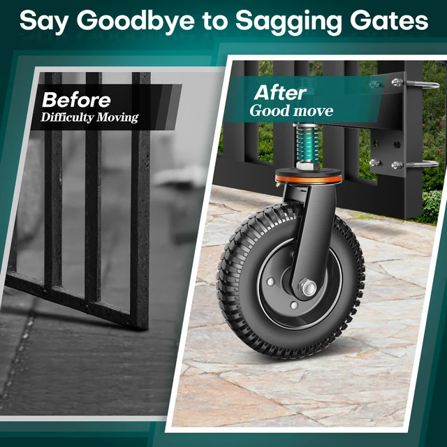 Alt view image 3 of 7 - 8 Inch Heavy Duty Fence Gate Wheel, 750 lb Load Capacity, Fits Metal Tube Gates and Wooden Gates, 360° Swivel Spring-Loaded Caster to Support Sagging Gates, Includes Mounting Hardware