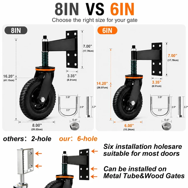 Alt view image 2 of 7 - 6 Inch Heavy Duty Gate Wheel, 750 lb Capacity, Fits Metal Tube Gates and Wooden Gates, 360° Swivel Spring-Loaded Caster. Gate Wheel for Smooth Operation. (6-INCH)