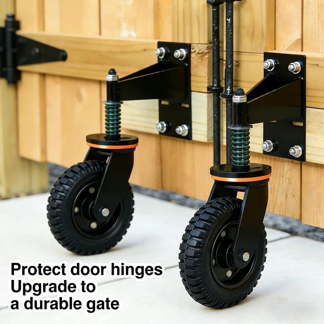 Alt view image 4 of 7 - 8 Inch Heavy Duty Fence Gate Wheel, 750 lb Load Capacity, Fits Metal Tube Gates and Wooden Gates, 360° Swivel Spring-Loaded Caster to Support Sagging Gates, Includes Mounting Hardware