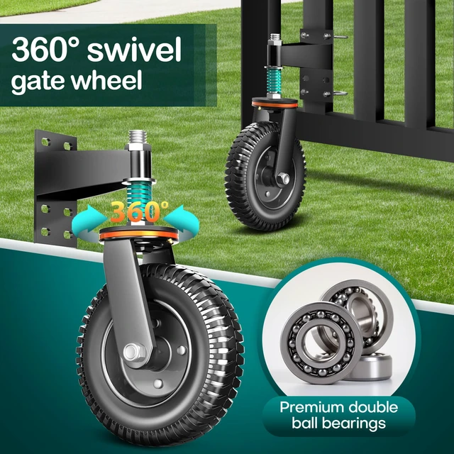 Alt view image 5 of 7 - 8 Inch Heavy Duty Fence Gate Wheel, 750 lb Load Capacity, Fits Metal Tube Gates and Wooden Gates, 360° Swivel Spring-Loaded Caster to Support Sagging Gates, Includes Mounting Hardware