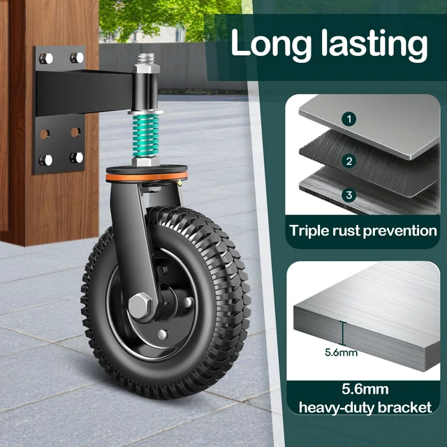 Alt view image 7 of 7 - 8 Inch Heavy Duty Fence Gate Wheel, 750 lb Load Capacity, Fits Metal Tube Gates and Wooden Gates, 360° Swivel Spring-Loaded Caster to Support Sagging Gates, Includes Mounting Hardware