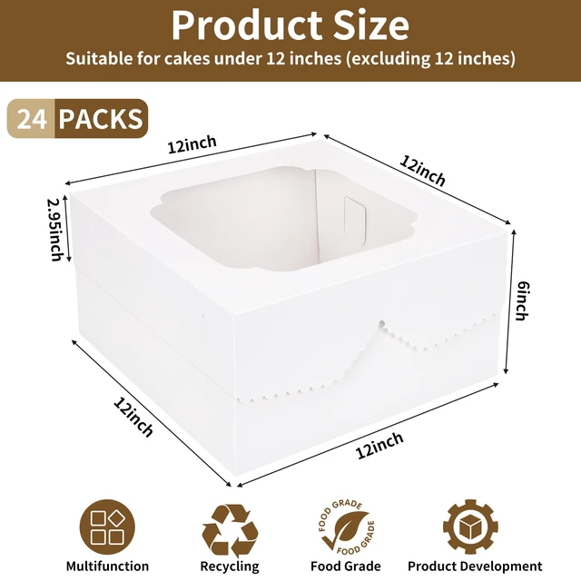 Alt view image 2 of 7 - 24pcs 12 Inch Cake Boxes, Bakery Containers with Window (12x12x6) Disposable White Containers, Easy to Assemble, 400gsm Thickness Cardboard, Sturdy to Take-out