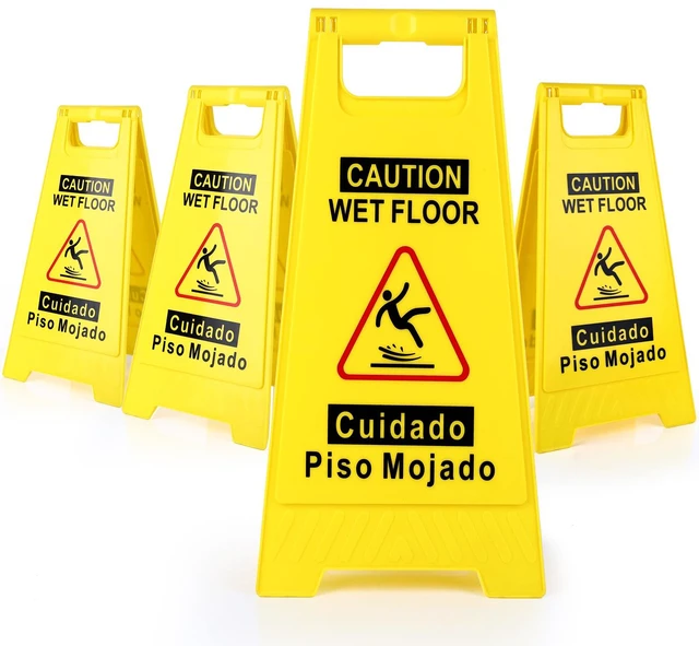 Main image of 4-Pack Caution Wet Floor Sign,17.5" Height,Bright Yellow Double-Sided Folding A-Shaped Frame Design, Bilingual Caution Message
