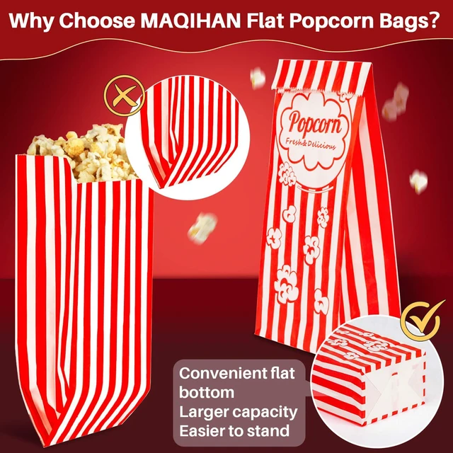 Alt view image 2 of 7 - 200pc Popcorn Bags 1.3oz - Flat Bottom Disposable Popcorn Paper Bag Popped Kernels Small Containers, Movie Night Supplies for Halloween, Christmas, Carnival Party, Popcorn Machine Accessories