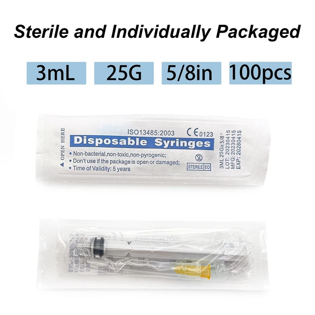 Alt view image 5 of 7 - 100pcs 3ml 25g x 5/8 in for Scientific Accessories Refilling Liquids 3cc 25 gauge 5/8 inch Disposable Reconstitution,Lab Sample Supplies, Dispensing Utensils, Individually Wrapped