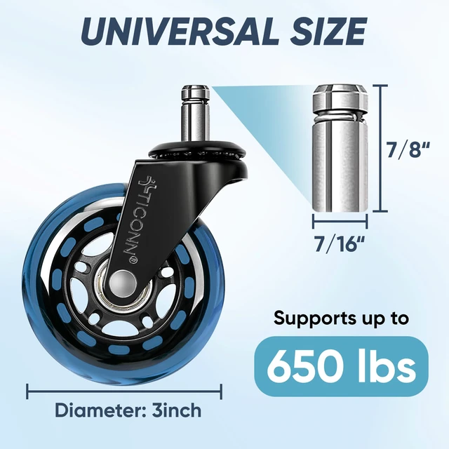 Alt view image 3 of 7 - Office Chair Wheels, 3" Caster Wheels for Tile Carpets, Set of 5 650 lbs Weight Capacity, Smooth & Quiet Rolling, Scratch-Free Floor Protection, Universal Fit, Easy Snap-In Installation