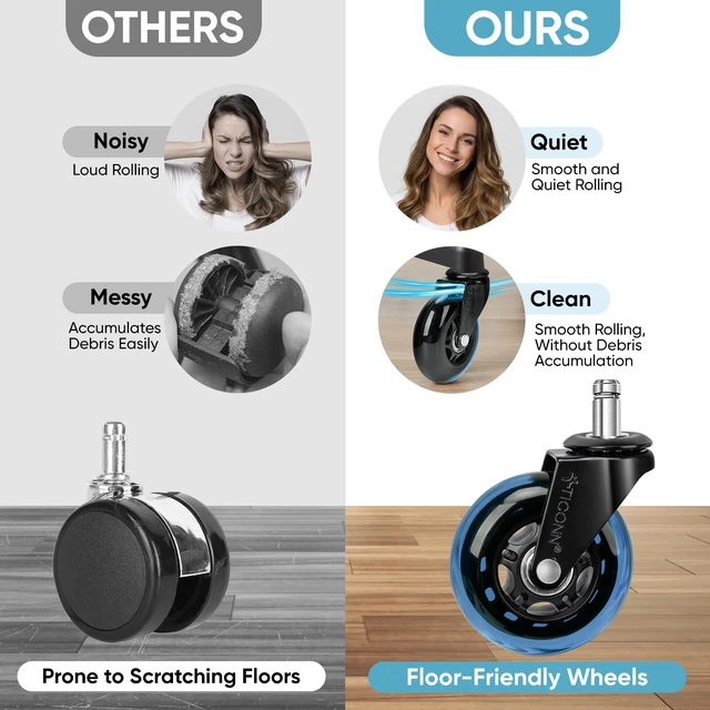 Alt view image 7 of 7 - Office Chair Wheels, 3" Caster Wheels for Tile Carpets, Set of 5 650 lbs Weight Capacity, Smooth & Quiet Rolling, Scratch-Free Floor Protection, Universal Fit, Easy Snap-In Installation