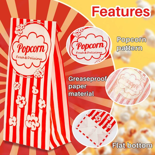 Alt view image 4 of 7 - 200pc Popcorn Bags 1.3oz - Flat Bottom Disposable Popcorn Paper Bag Popped Kernels Small Containers, Movie Night Supplies for Halloween, Christmas, Carnival Party, Popcorn Machine Accessories